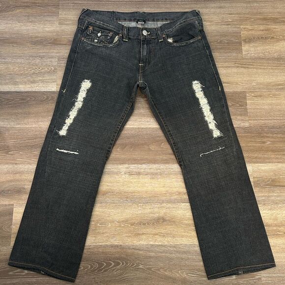 True Religion Men's Black Joey Distressed Straight Jeans Sz 36 - Picture 1 of 11